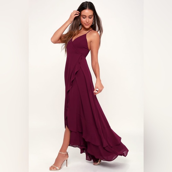 Lulus-In Love Forever Burgundy Lace-Up High-Low Maxi Dress (M/S) - Picture 4 of 5